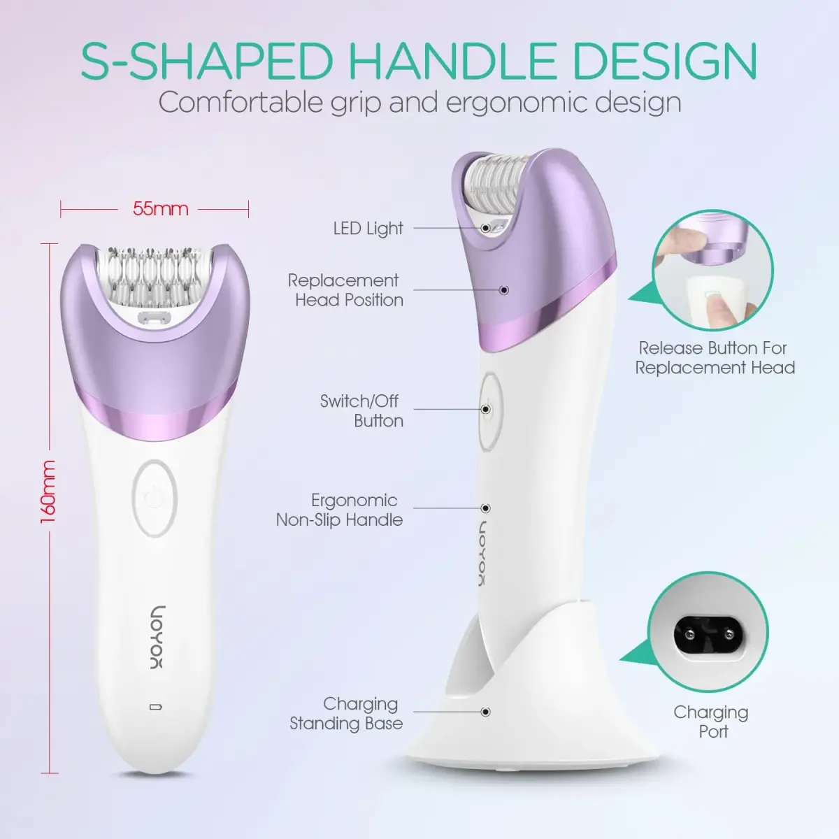 VOYOR BM300 Epilator for Women, Cordless Rechargeable Wet & Dry Hair Removal Device with 30 Tweezers & 3 Heads (Purple) - view 7