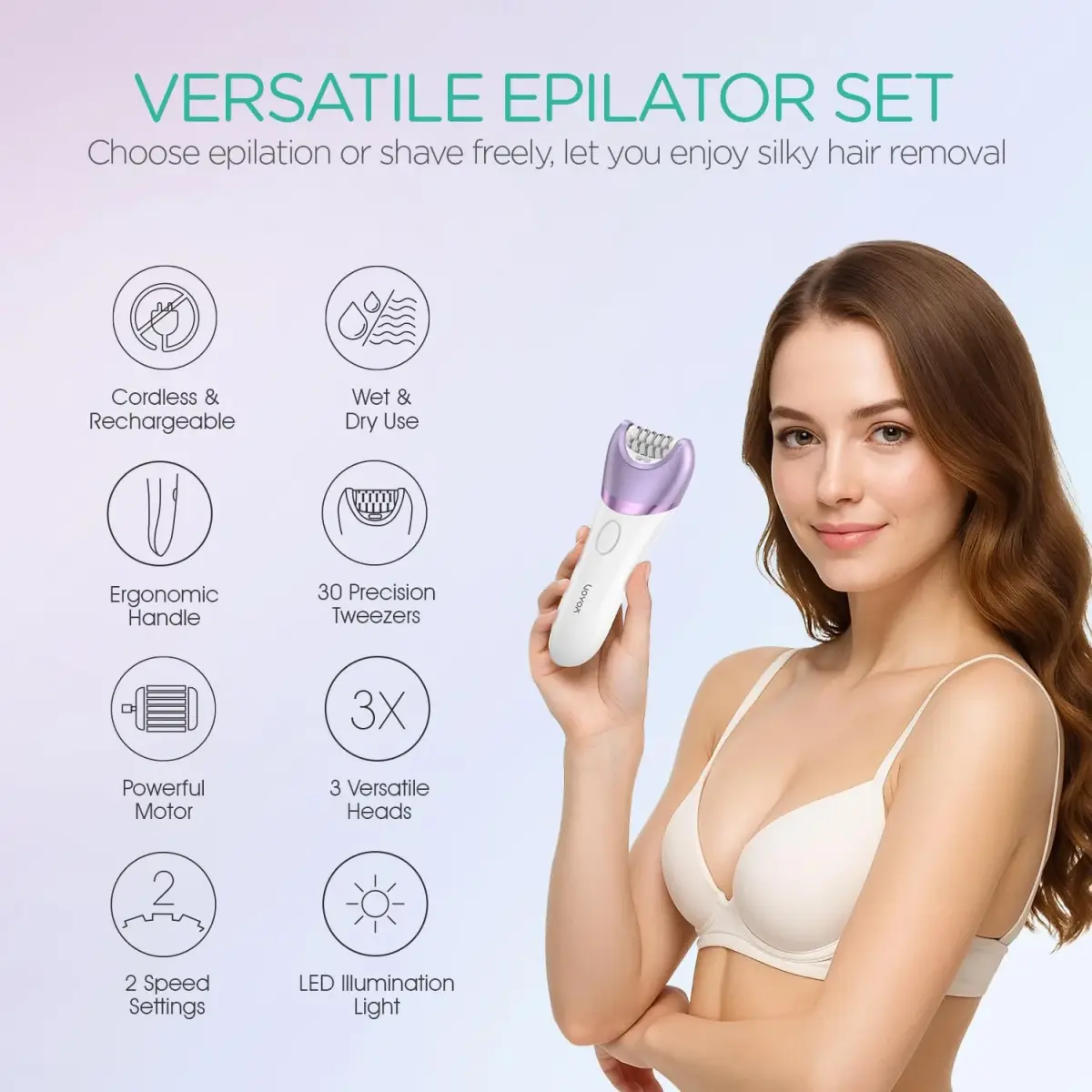 VOYOR BM300 Epilator for Women, Cordless Rechargeable Wet & Dry Hair Removal Device with 30 Tweezers & 3 Heads (Purple) - view 2