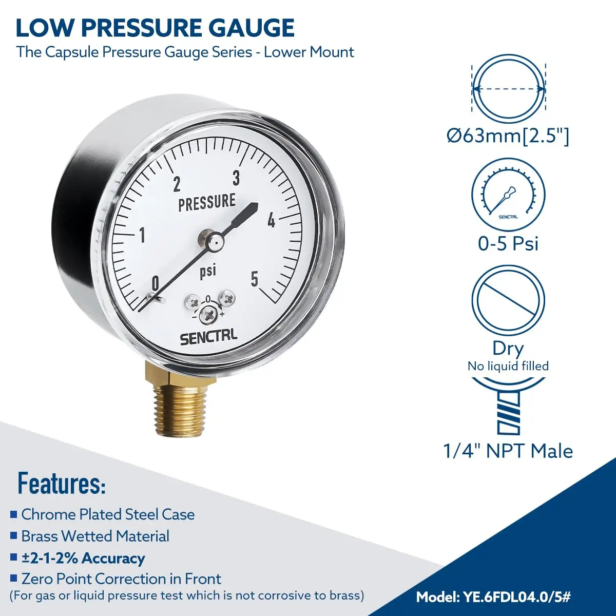 senctrl Pressure Gauge 0-5 psi | Capsule System, Chrome Steel Durability (70-120 chars) - view 2