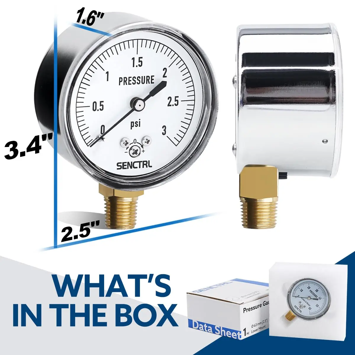 senctrl Pressure Gauge, 0-3 psi, Chrome Steel, 1/4" NPT Lower Mount | Low Pressure Test Tool - view 5