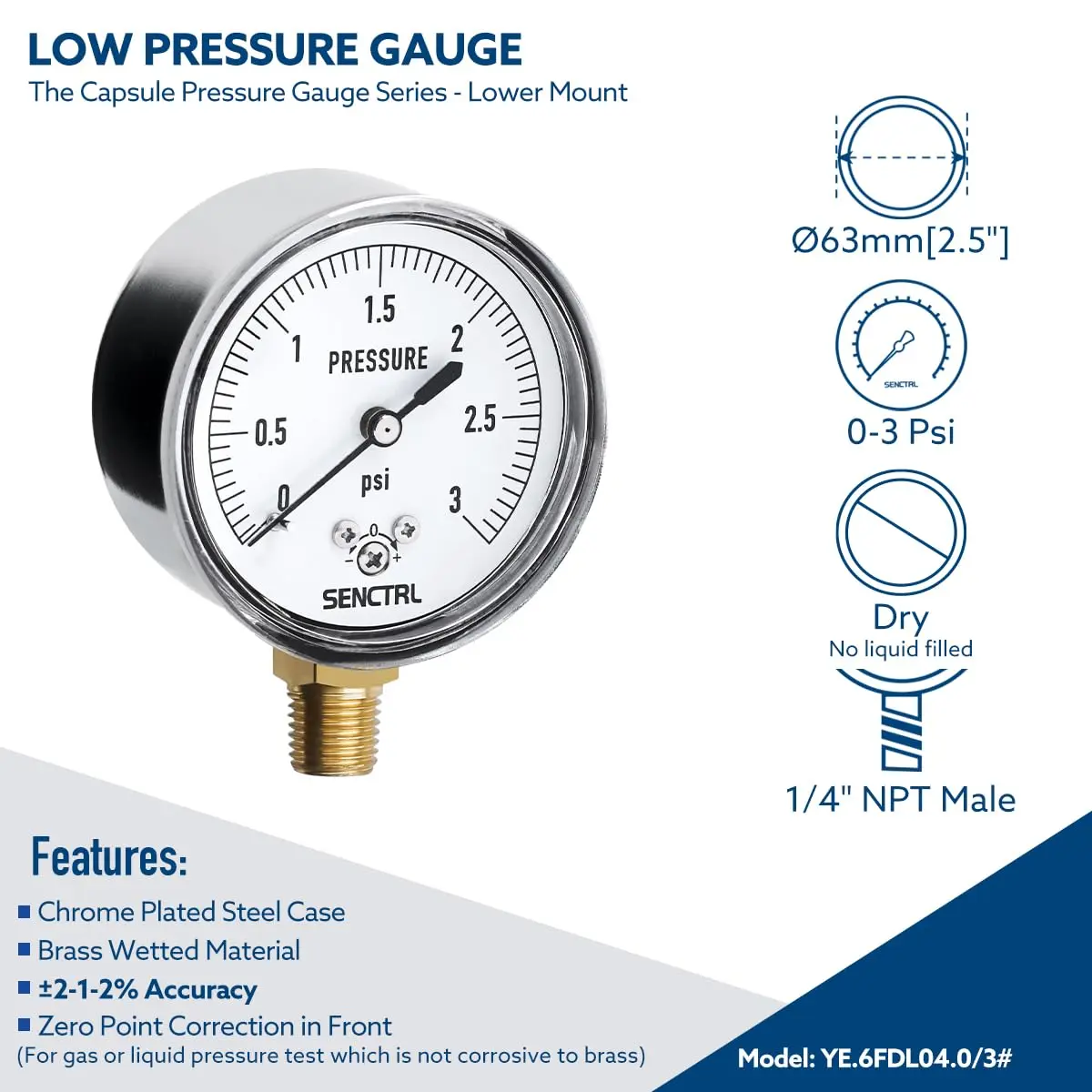 senctrl Pressure Gauge, 0-3 psi, Chrome Steel, 1/4" NPT Lower Mount | Low Pressure Test Tool - view 2
