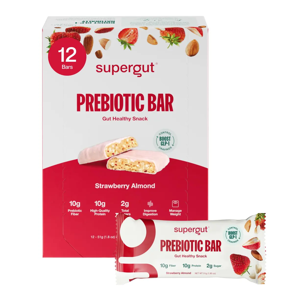 Supergut GLP-1 Boosting Prebiotic Bars, Strawberry Almond | Gut Health & Energy (70-120 chars) - main product image