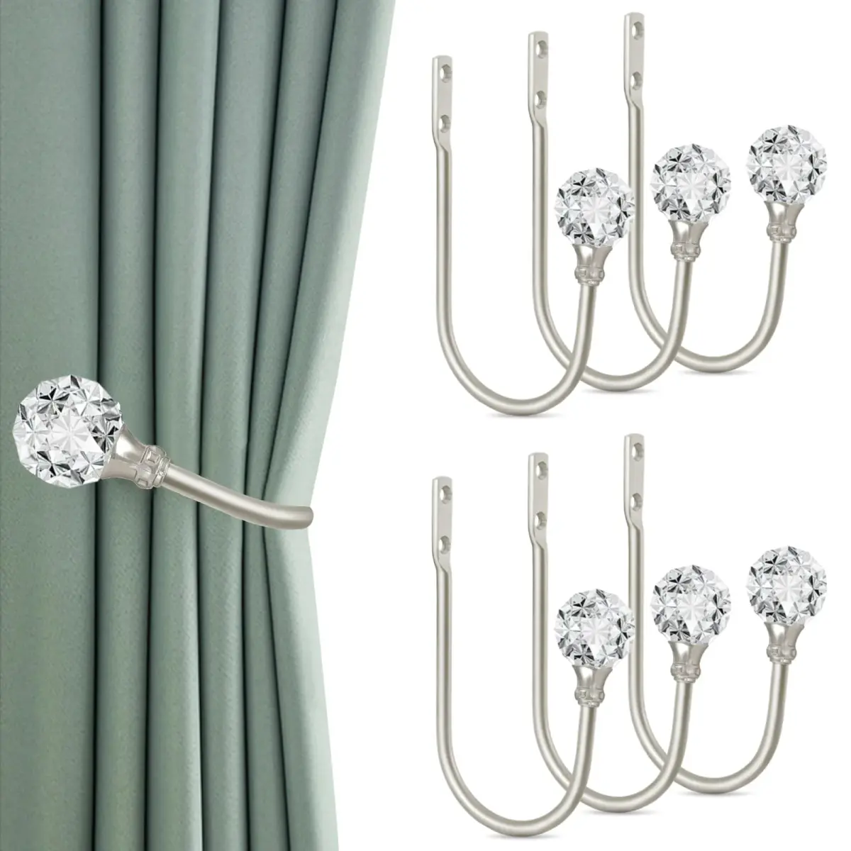 KOLAKO Crystal Curtain Holdbacks, 6 Pack Silver Metal Drapery Tiebacks with Clear Crystal Ball | U-Shaped Wall Mounted Hooks for Drapes - main product image