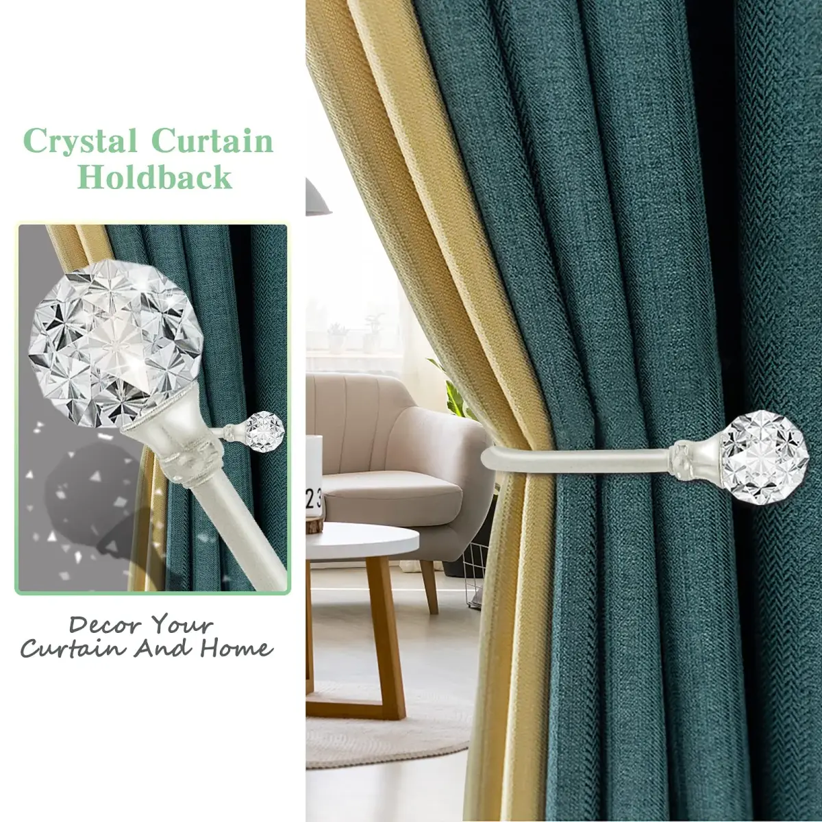 KOLAKO Crystal Curtain Holdbacks, 6 Pack Silver Metal Drapery Tiebacks with Clear Crystal Ball | U-Shaped Wall Mounted Hooks for Drapes - view 6