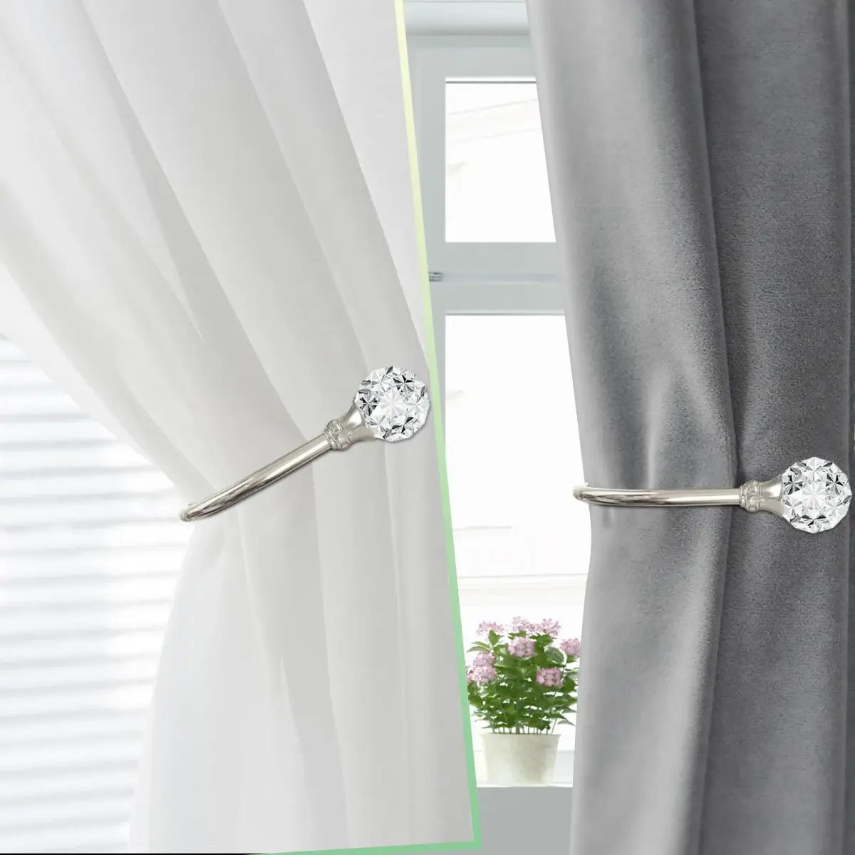 KOLAKO Crystal Curtain Holdbacks, 6 Pack Silver Metal Drapery Tiebacks with Clear Crystal Ball | U-Shaped Wall Mounted Hooks for Drapes - view 8