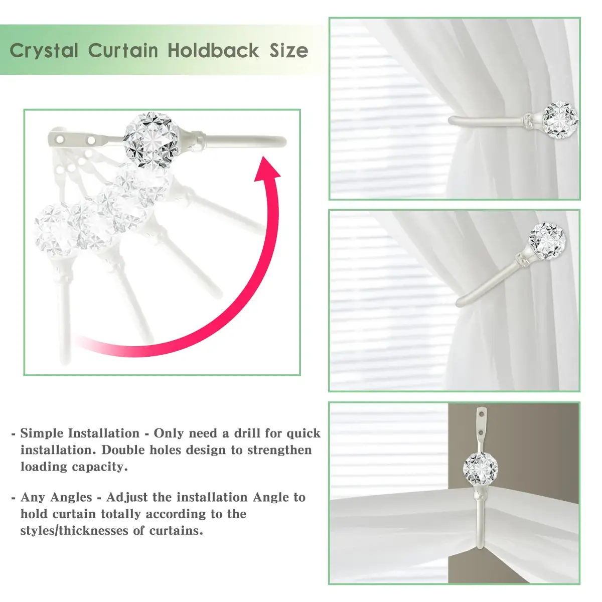 KOLAKO Crystal Curtain Holdbacks, 6 Pack Silver Metal Drapery Tiebacks with Clear Crystal Ball | U-Shaped Wall Mounted Hooks for Drapes - view 3