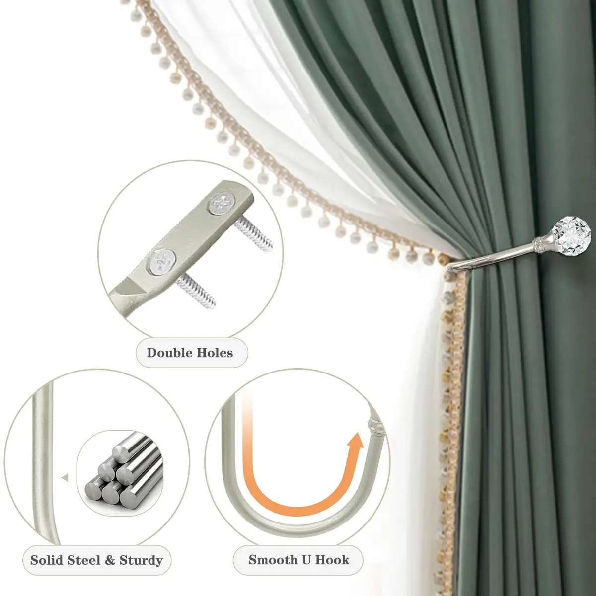 KOLAKO Crystal Curtain Holdbacks, 6 Pack Silver Metal Drapery Tiebacks with Clear Crystal Ball | U-Shaped Wall Mounted Hooks for Drapes - view 4