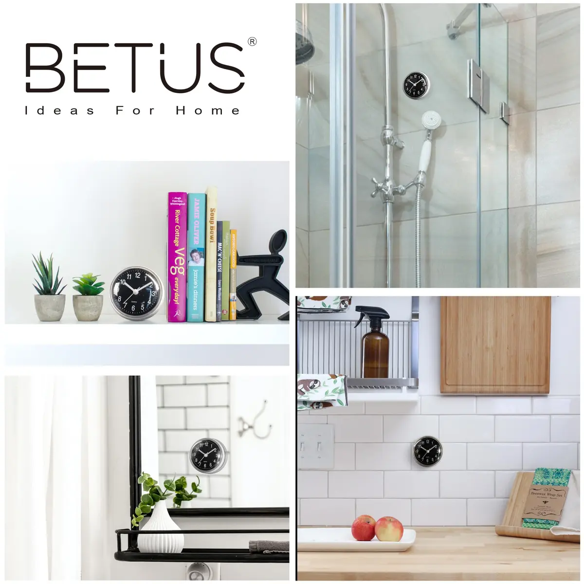 Betus Waterproof Bathroom Shower Clock with Large Suction Cup - Silent, Water Proof, Battery Operated Wall Clock for Toilet, Kitchen, Bedroom (Black) | Easy Setup Analog Clock - view 2
