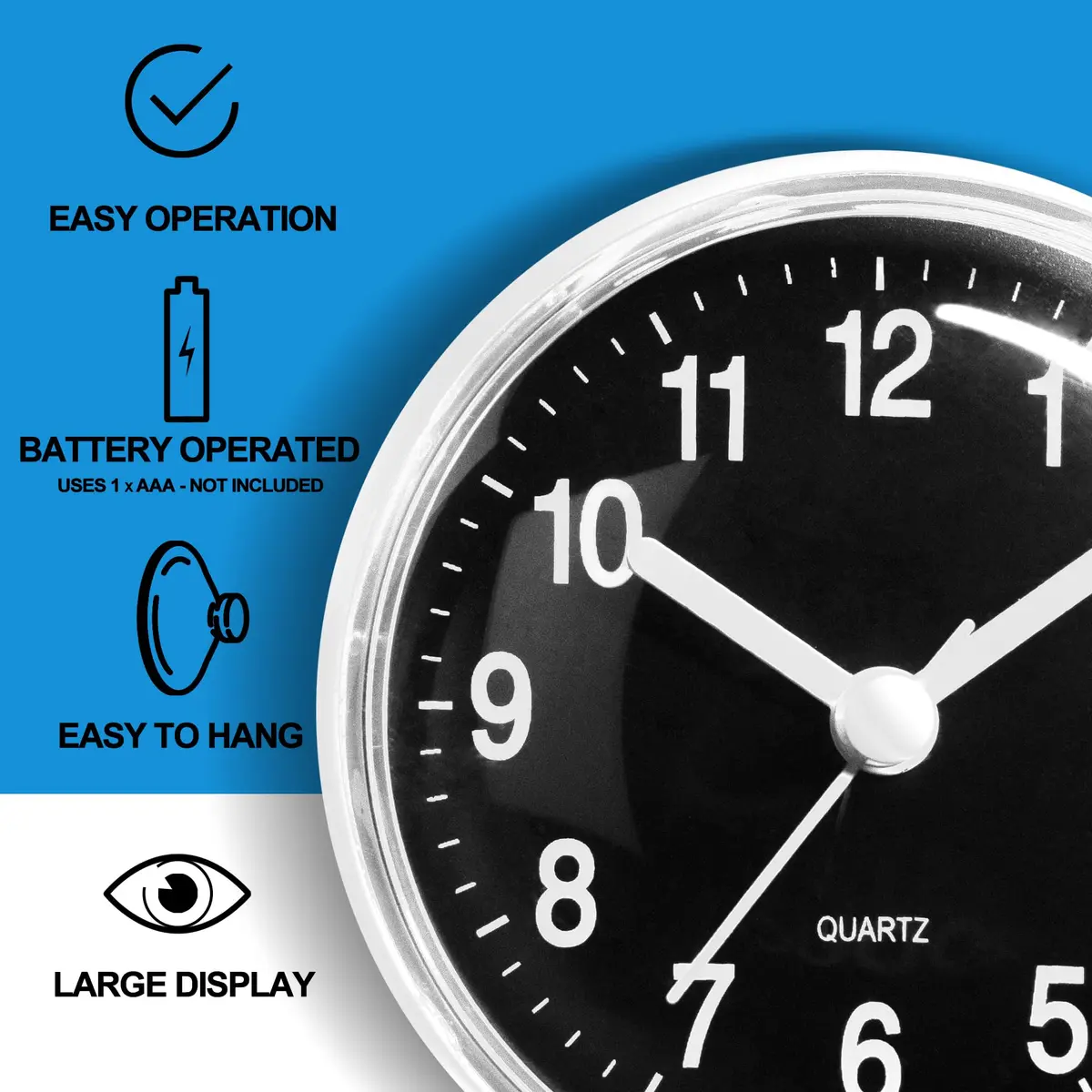 Betus Waterproof Bathroom Shower Clock with Large Suction Cup - Silent, Water Proof, Battery Operated Wall Clock for Toilet, Kitchen, Bedroom (Black) | Easy Setup Analog Clock - view 4