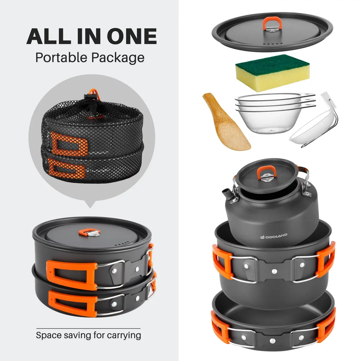 Odoland Camping Cookware Set 10pcs | Lightweight Aluminum Pots & Pans for Outdoor Cooking - view 2