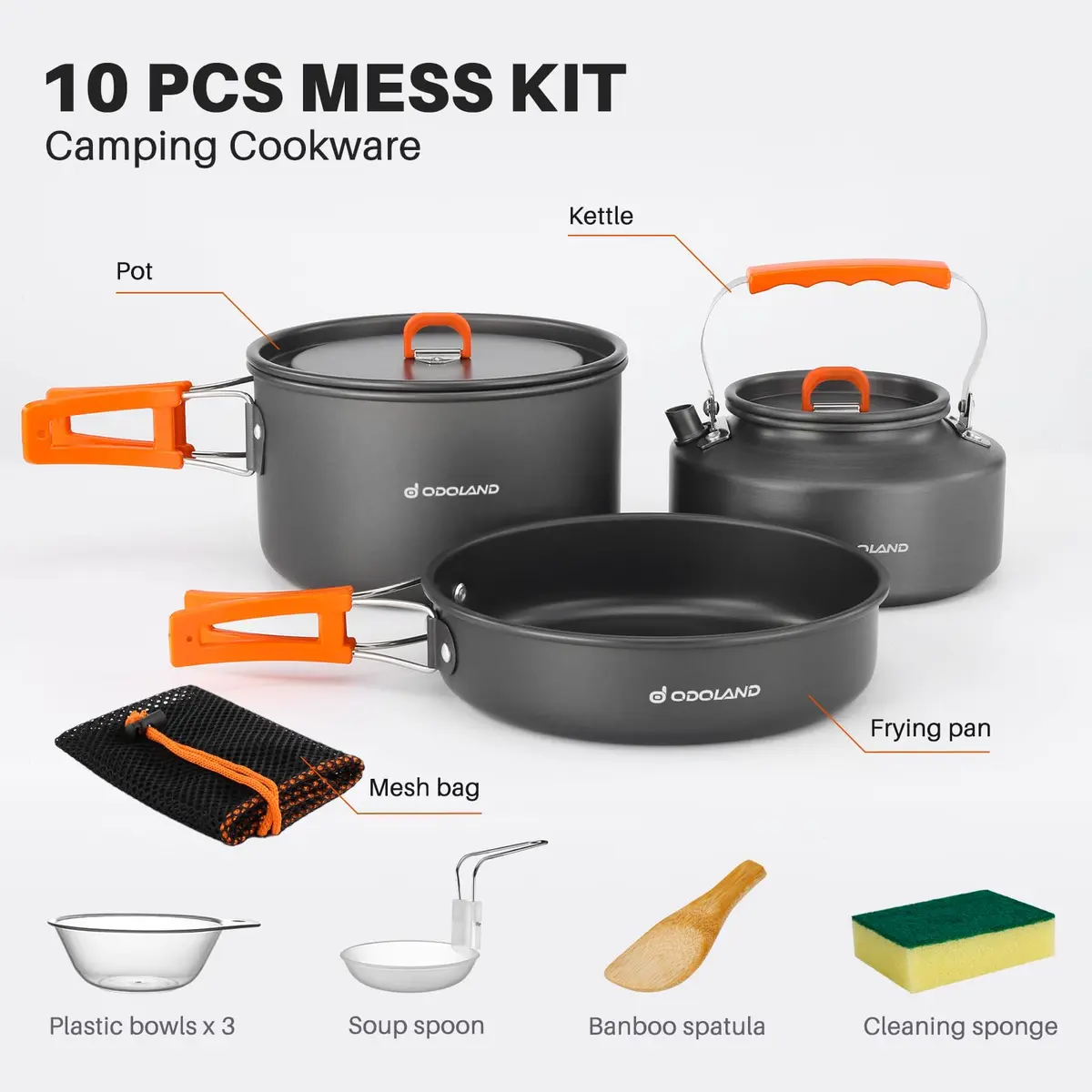 Odoland Camping Cookware Set 10pcs | Lightweight Aluminum Pots & Pans for Outdoor Cooking - view 3