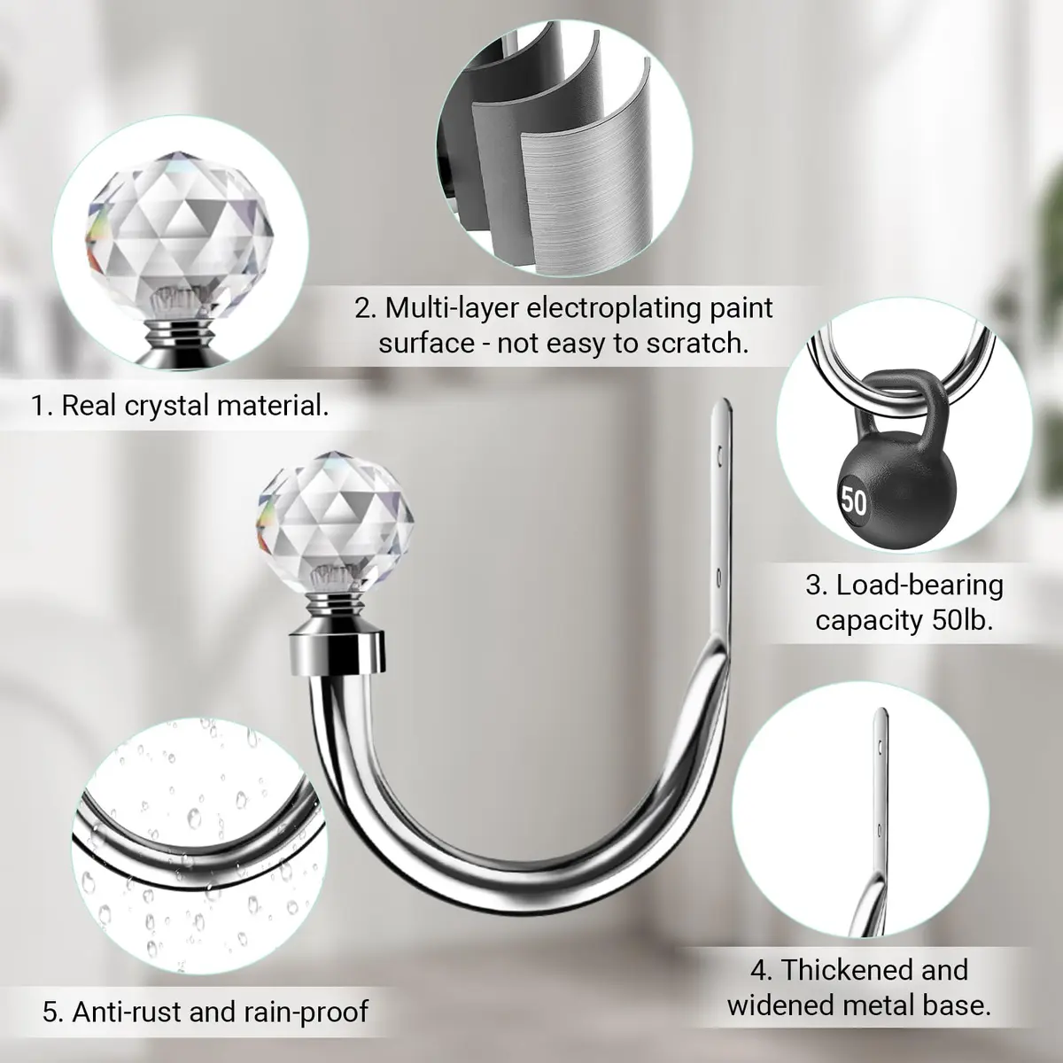 HIKMLK Crystal Curtain Holdbacks 2pcs | Heavy Duty Metal Tiebacks with Crystal Accents - view 3