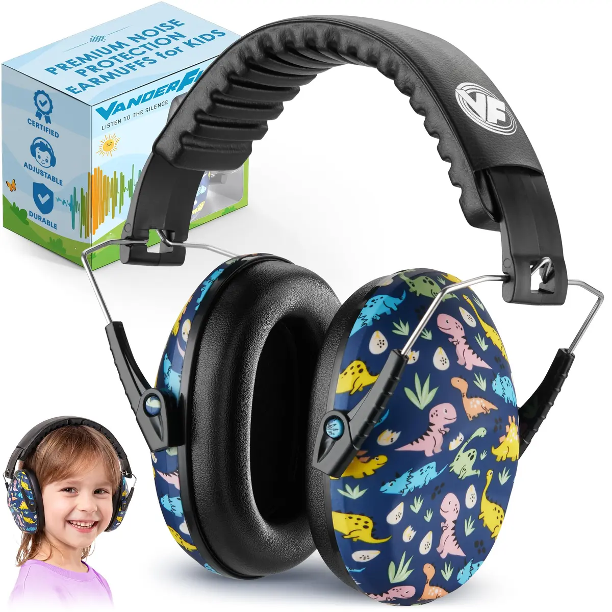 Vanderfields Kids Noise Canceling Headphones - 240g (8.5 oz) - Dinosaur Club Pattern | Certified Hearing Protection Earmuffs - main product image