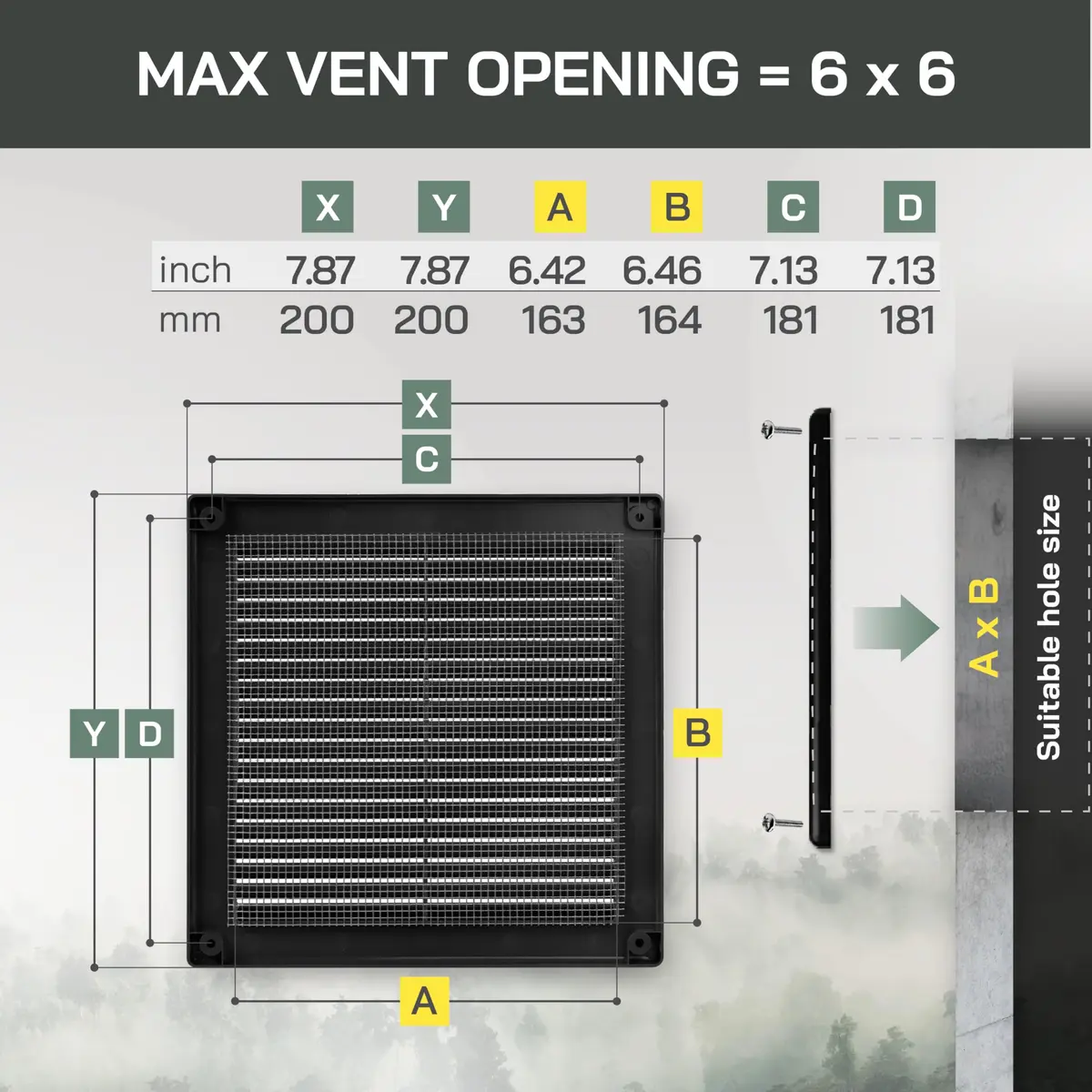 Vent Systems 6" x 6" Black Plastic Soffit Vent Cover | Durable Square Air Vent with Mesh Screen (70-120c) - view 2