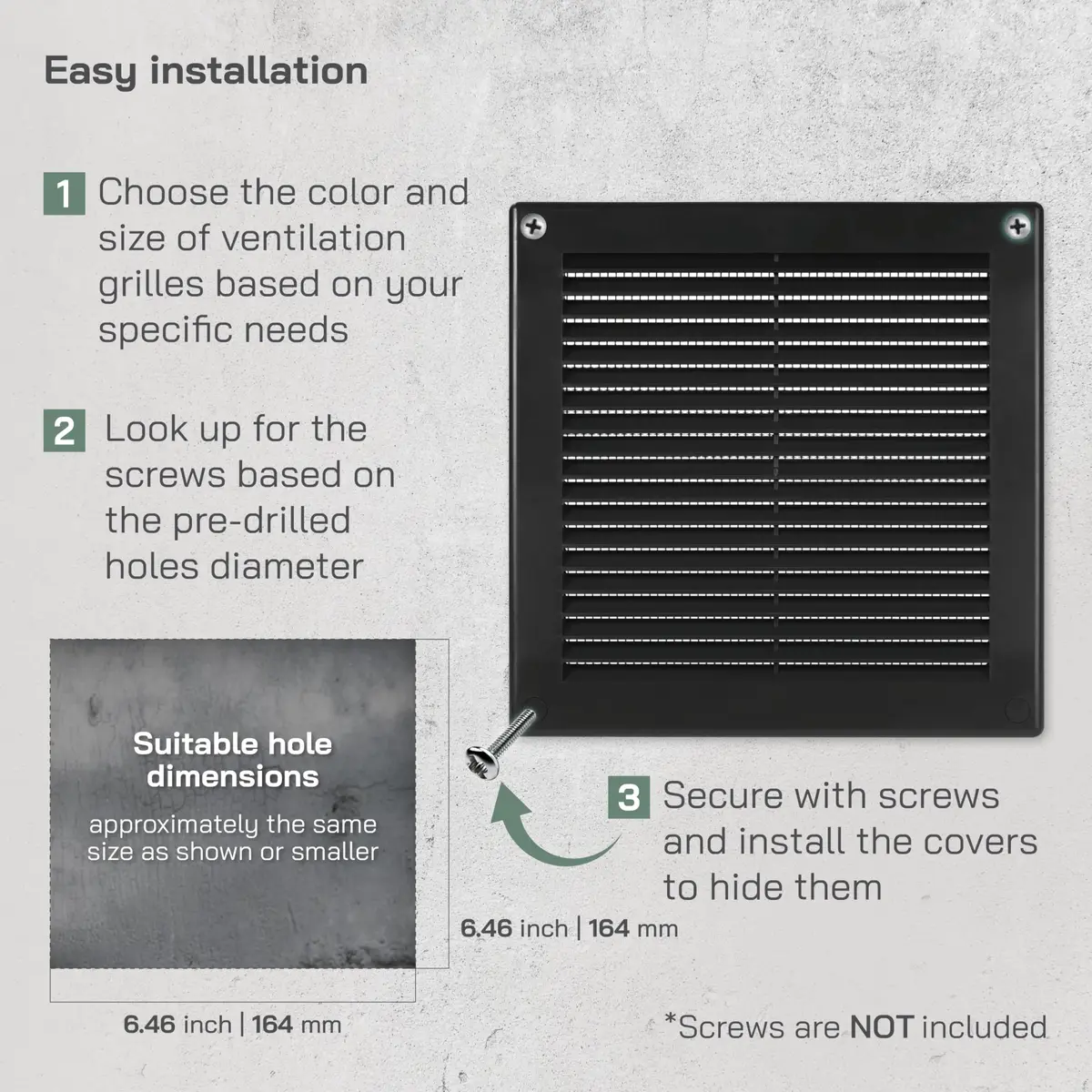 Vent Systems 6" x 6" Black Plastic Soffit Vent Cover | Durable Square Air Vent with Mesh Screen (70-120c) - view 4