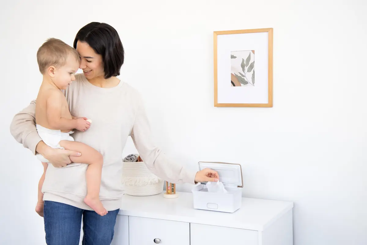 Ubbi Baby Wipes Dispenser with Weighted Plate, Taupe | Modern Nursery Organizer for Wipes - view 2