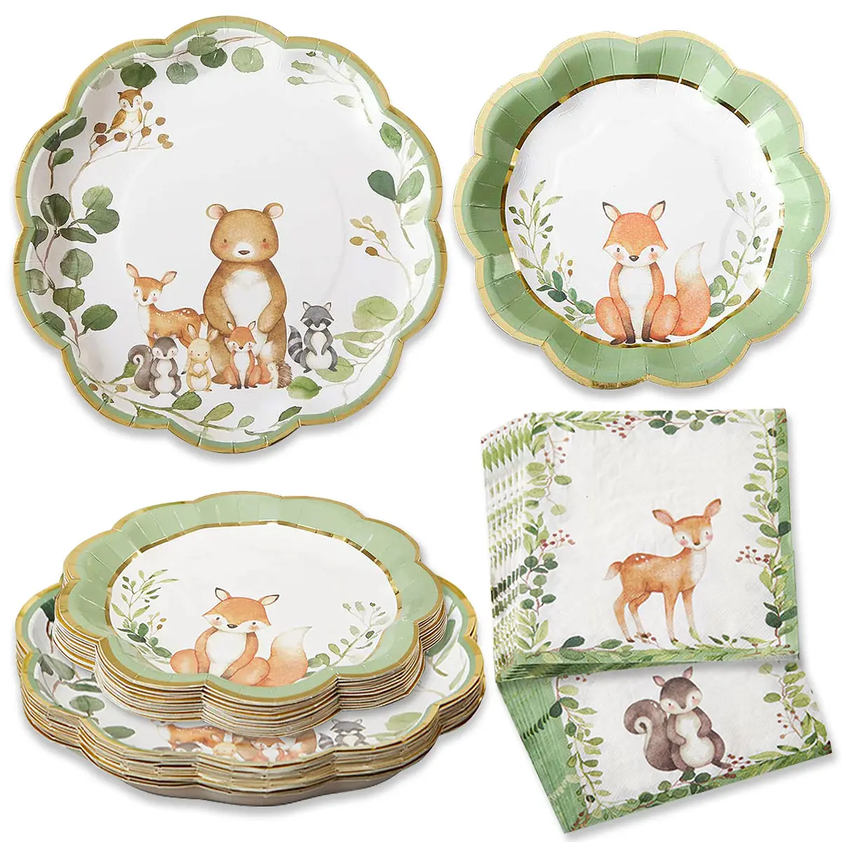 Kate Aspen Woodland Baby Shower Decorations, 62-Piece Disposable Paper Plates & Napkins for 16 Guests | Woodland Animals Theme - main product image