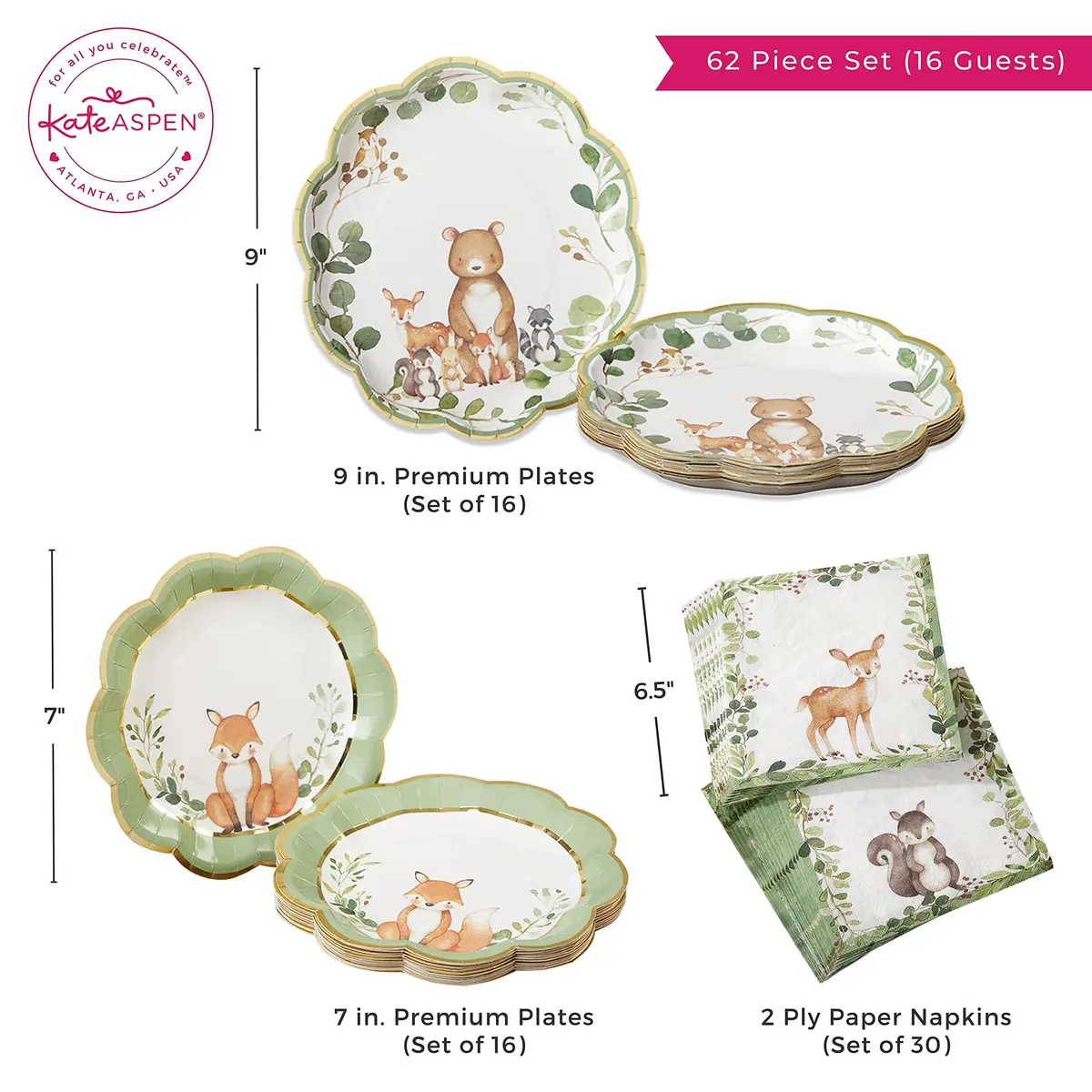 Kate Aspen Woodland Baby Shower Decorations, 62-Piece Disposable Paper Plates & Napkins for 16 Guests | Woodland Animals Theme - view 9