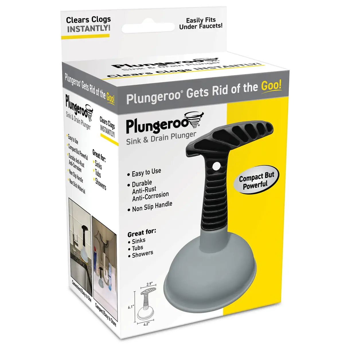 Plungeroo Sink Plunger, Powerful Mini Plunger with Short Handle, Easy-to-Use Small Unclogging Tool for Bathroom Drains, Shower, Bathtub, Toilet, RV and Kitchen Sink, Gray, (6.1 x 4.2 x 2.9 Inch) - main product image