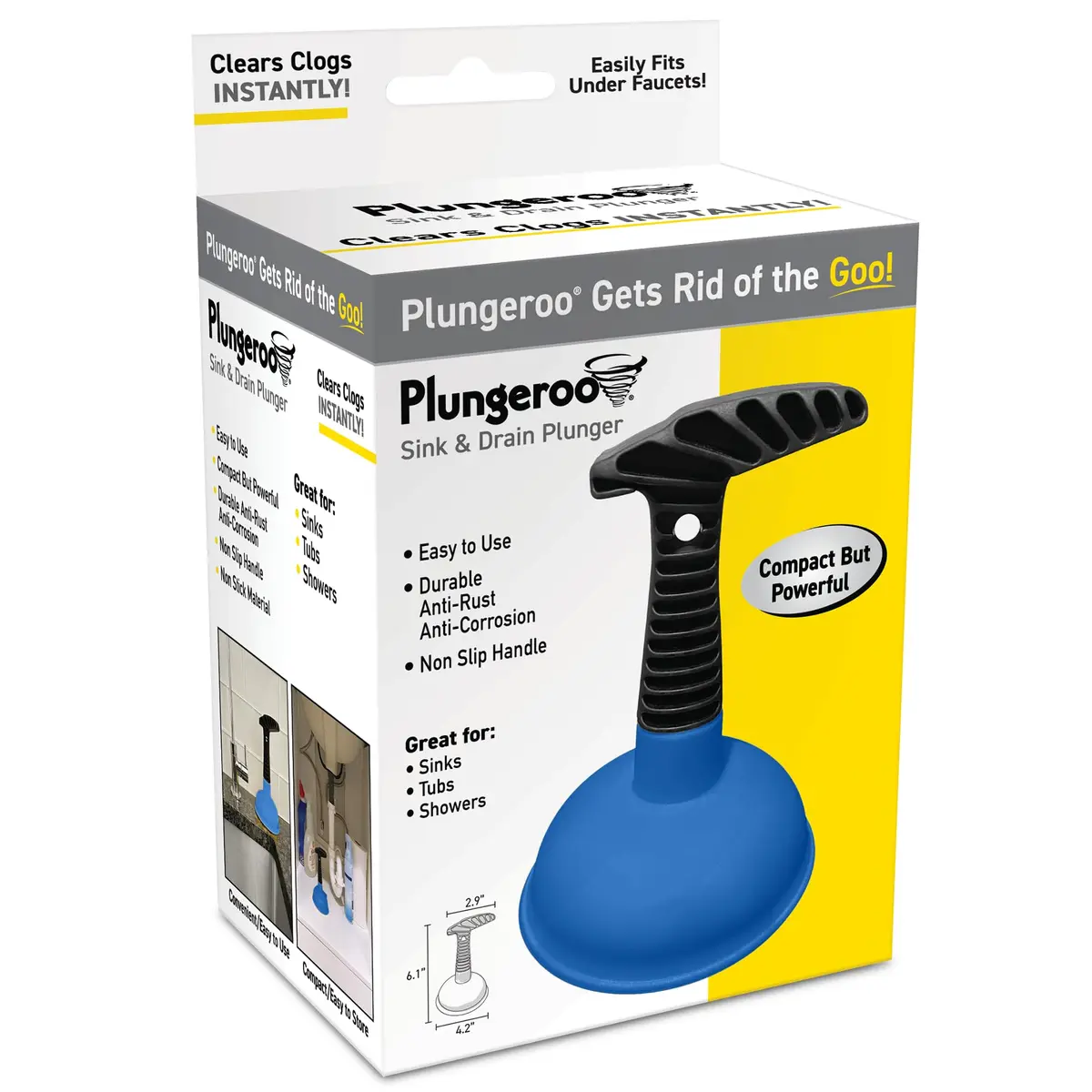 Plungeroo Sink Plunger Blue | Compact Unclogging Tool for Bathroom Drains (6.1 x 4.2 x 2.9 Inch) - main product image