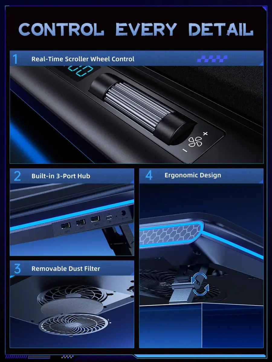 llano V12 Gaming Laptop Cooling Pad with RGB 15.6-19 inch | 5.5-inch Turbofan, 3-Port USB Hub, Dust Filter - view 4