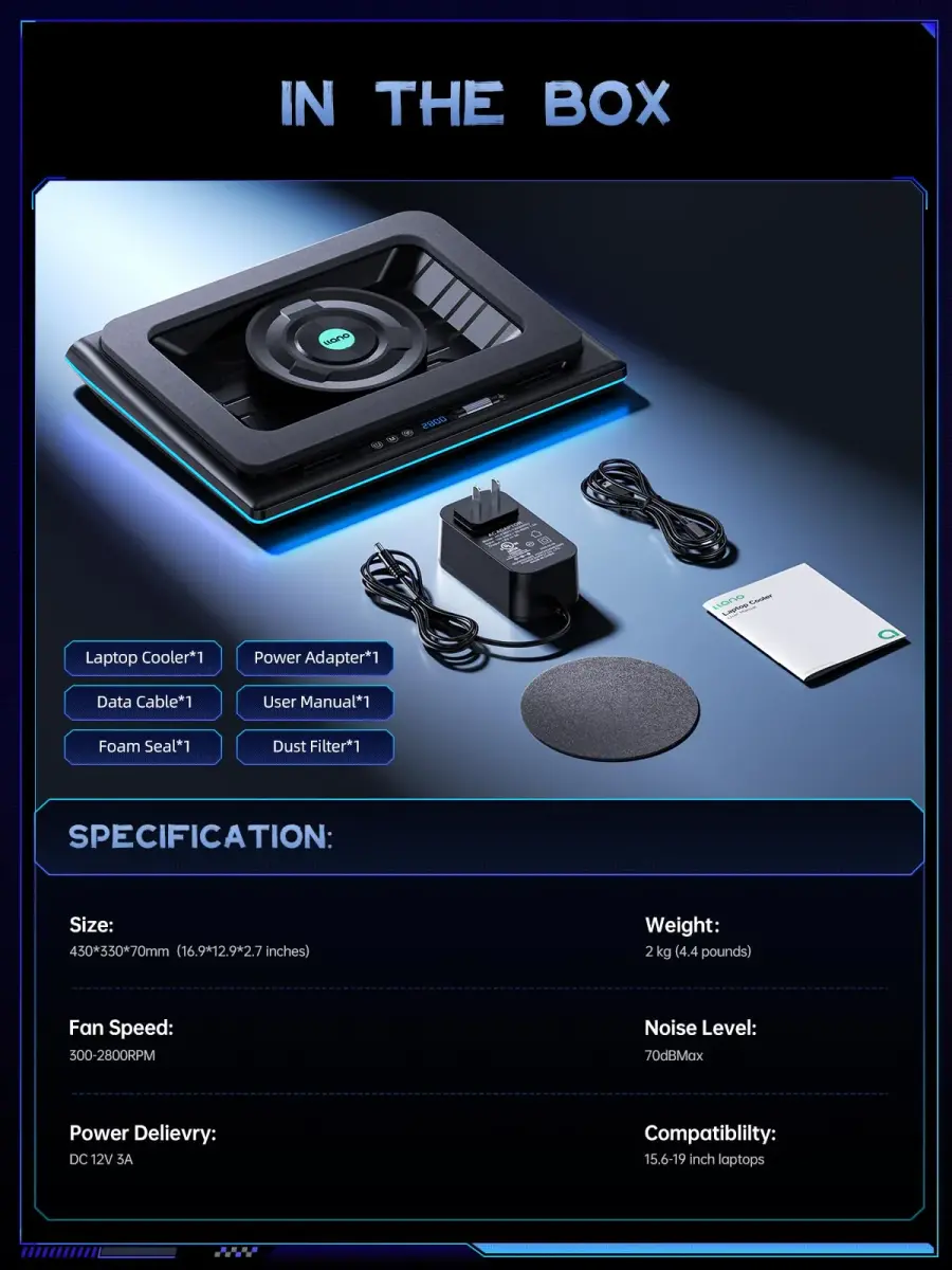 llano V12 Gaming Laptop Cooling Pad with RGB 15.6-19 inch | 5.5-inch Turbofan, 3-Port USB Hub, Dust Filter - view 8