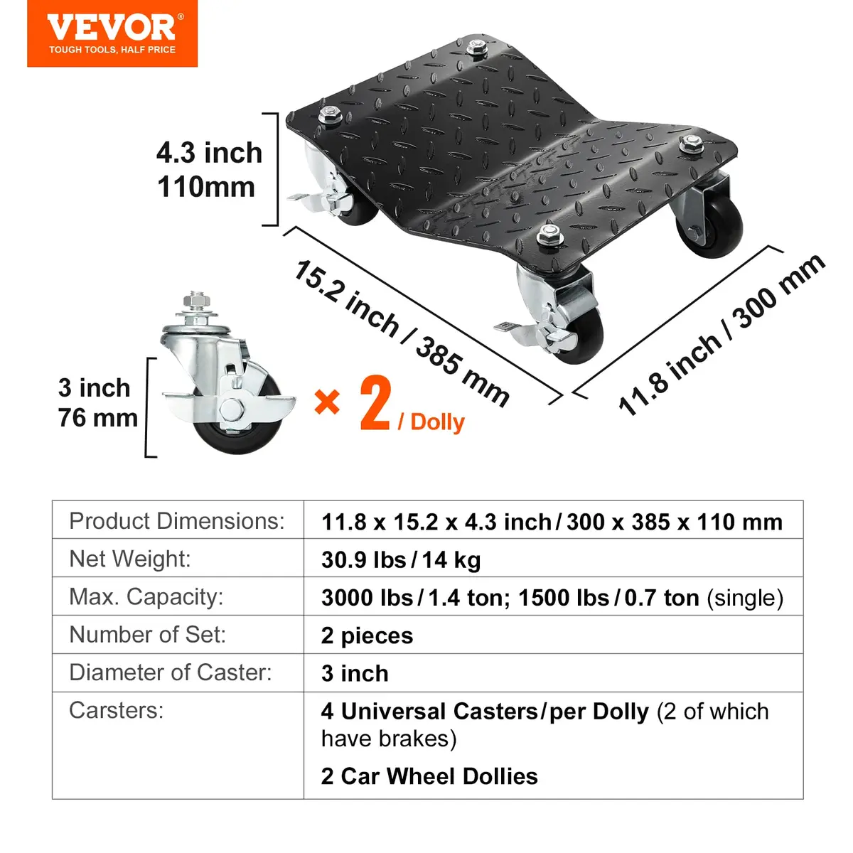 VEVOR Wheel Dolly 3000 lbs Heavy-Duty Car Moving Dolly Set of 2 | Versatile & Safe for Heavy Vehicles - view 8