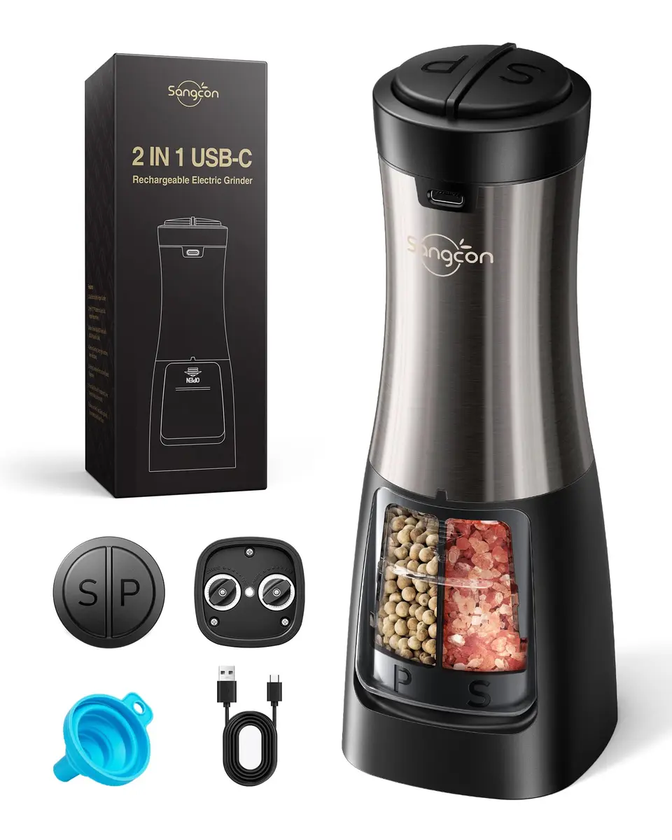 Sangcon 2-in-1 Rechargeable Electric Salt and Pepper Grinder Set | USB-C, Ceramic Grinders, Gunmetal Classic - main product image