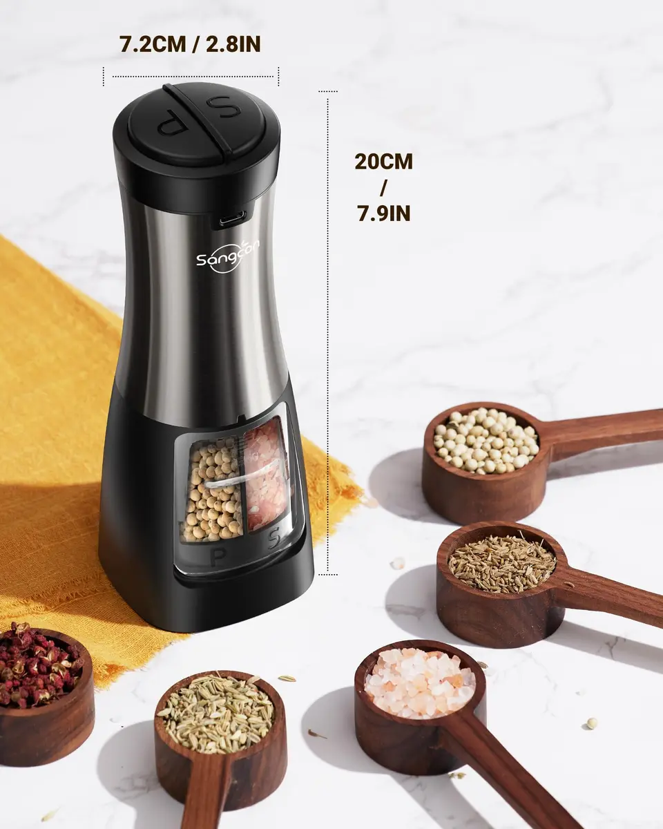 Sangcon 2-in-1 Rechargeable Electric Salt and Pepper Grinder Set | USB-C, Ceramic Grinders, Gunmetal Classic - view 7