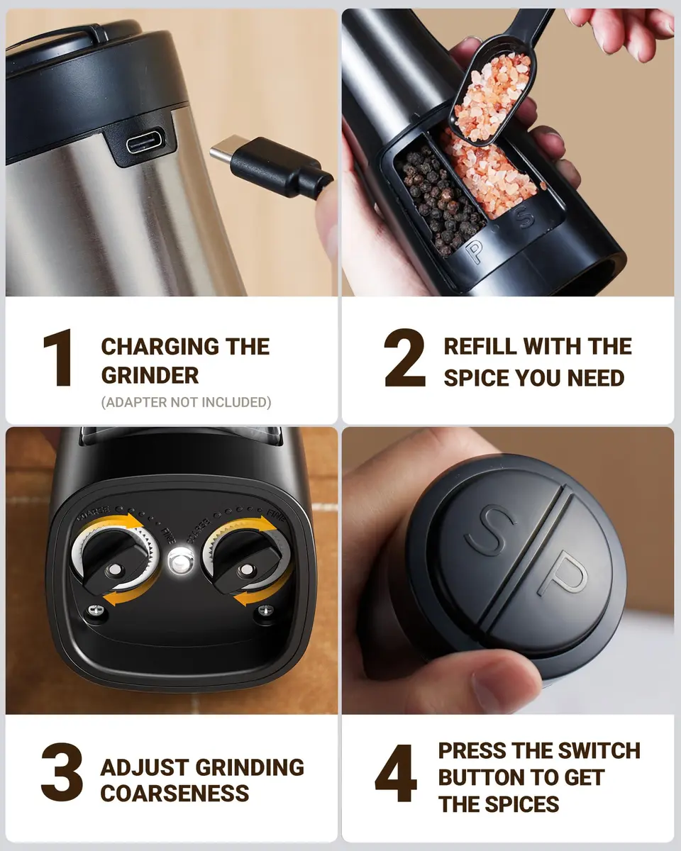 Sangcon 2-in-1 Rechargeable Electric Salt and Pepper Grinder Set | USB-C, Ceramic Grinders, Gunmetal Classic - view 8