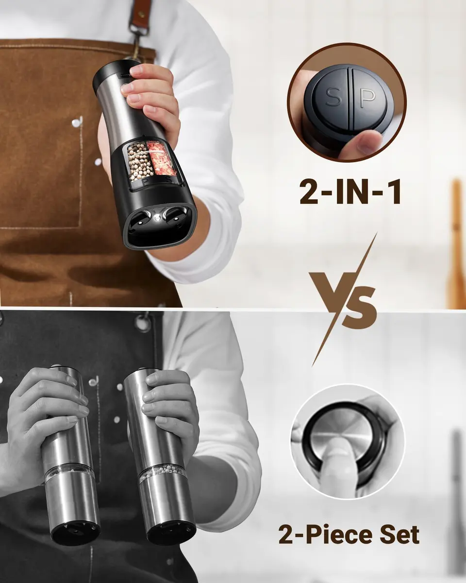 Sangcon 2-in-1 Rechargeable Electric Salt and Pepper Grinder Set | USB-C, Ceramic Grinders, Gunmetal Classic - view 2