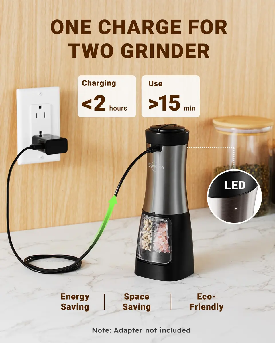 Sangcon 2-in-1 Rechargeable Electric Salt and Pepper Grinder Set | USB-C, Ceramic Grinders, Gunmetal Classic - view 3