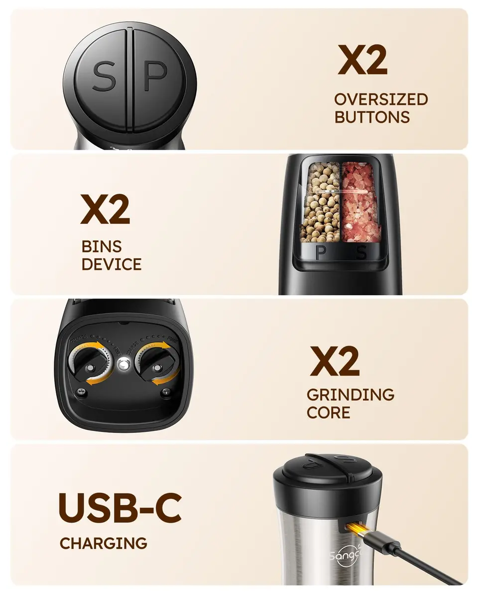 Sangcon 2-in-1 Rechargeable Electric Salt and Pepper Grinder Set | USB-C, Ceramic Grinders, Gunmetal Classic - view 4
