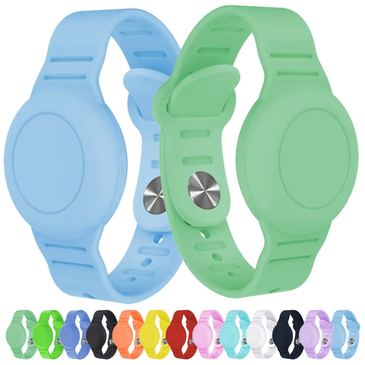 KAHADI Kids Waterproof AirTag Bracelet 2 Pack - Denim Blue & Matcha Green - main product image