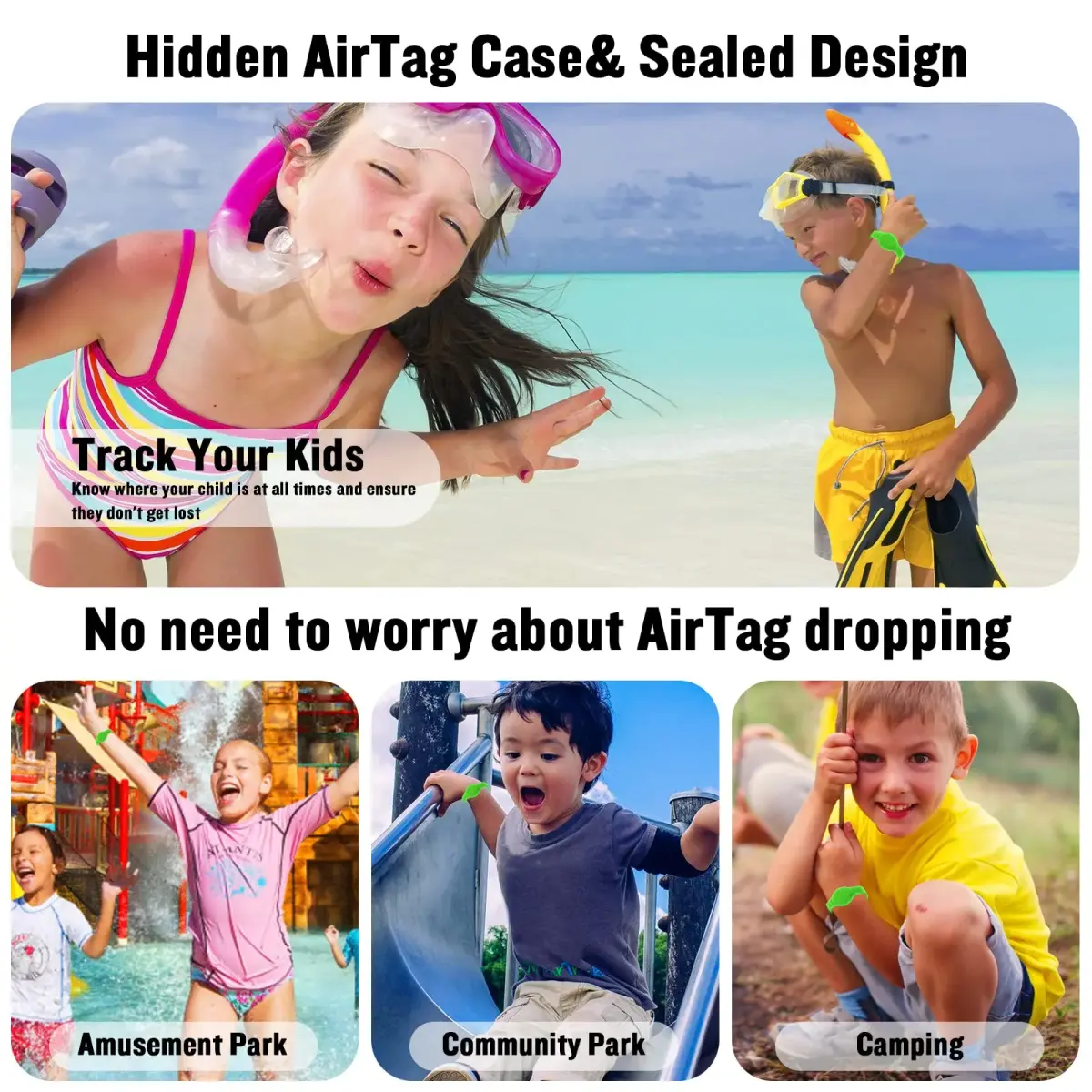 KAHADI Waterproof AirTag Bracelet for Kids | 2 Pack Luminous Blue & Green Silicone Wristband Holder - view 5