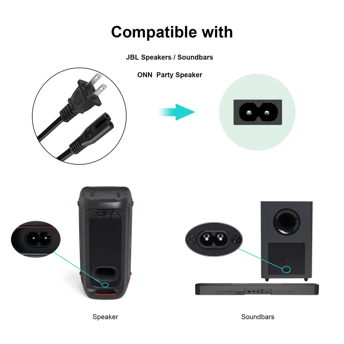 TPLTECH 10ft 2-Prong AC Power Cord | UL Listed Replacement Cable for JBL Party Speakers & Soundbars - view 2