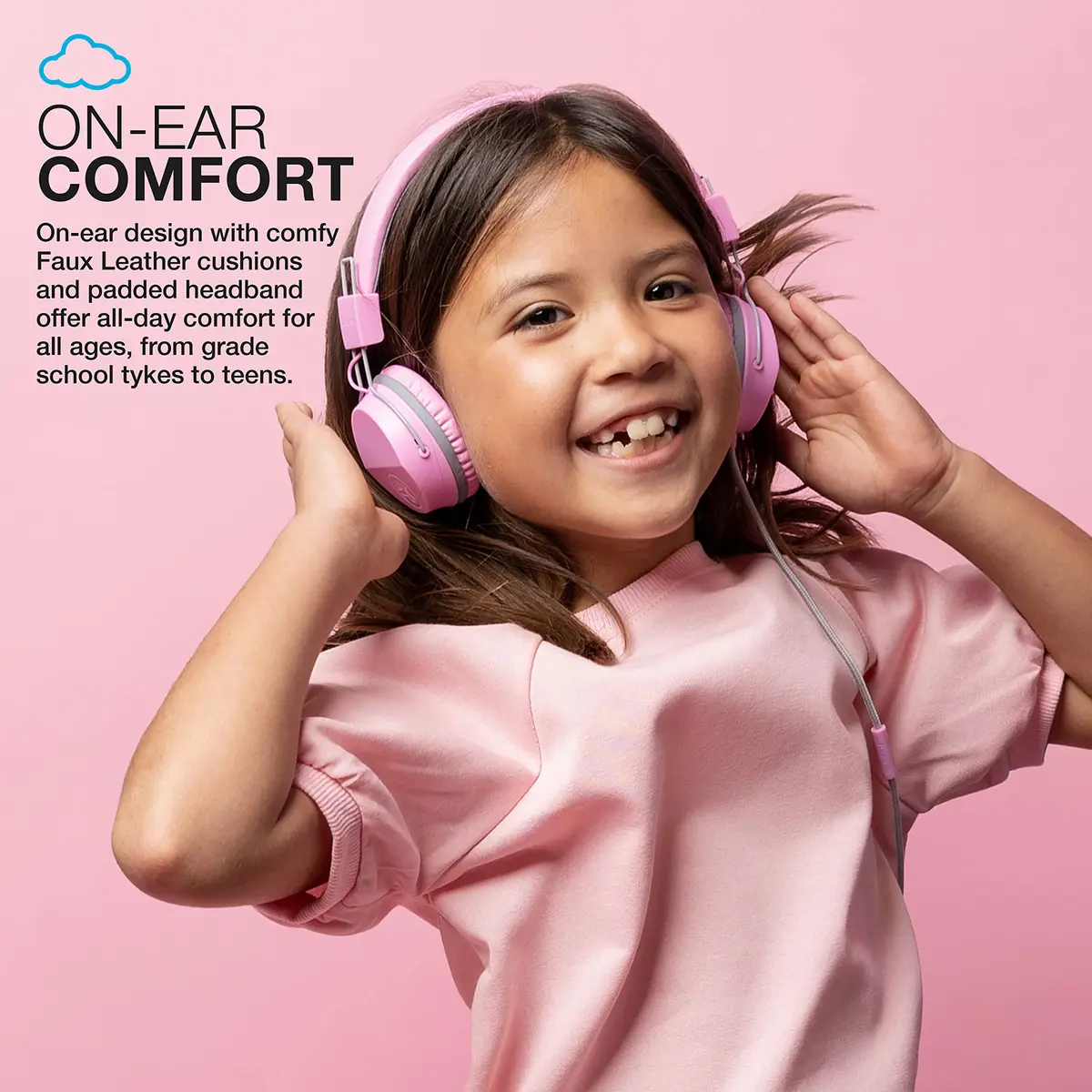 JLab JBuddies Studio Kids Wired Headphones Pink | Safe Volume, Foldable, Adjustable, Noise Isolation (70-120c) - view 2