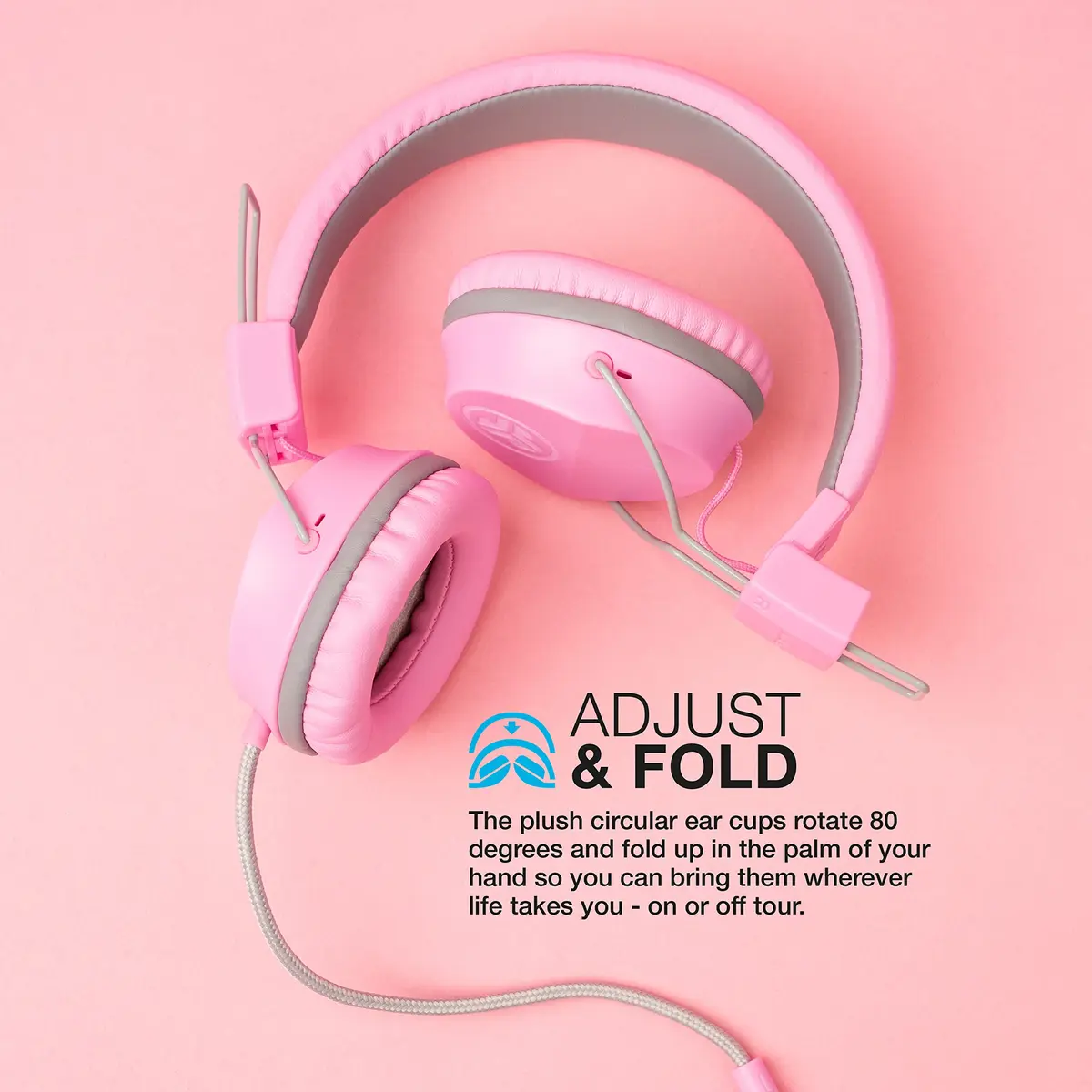 JLab JBuddies Studio Kids Wired Headphones Pink | Safe Volume, Foldable, Adjustable, Noise Isolation (70-120c) - view 4