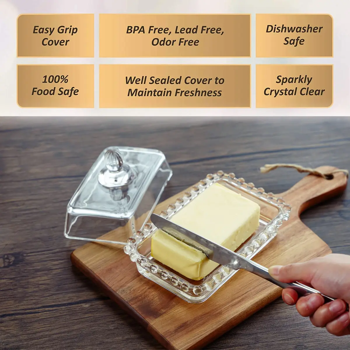QFkris 6.5'' Clear Glass Butter Dish with Handled Lid | Microwave & Dishwasher Safe - view 5