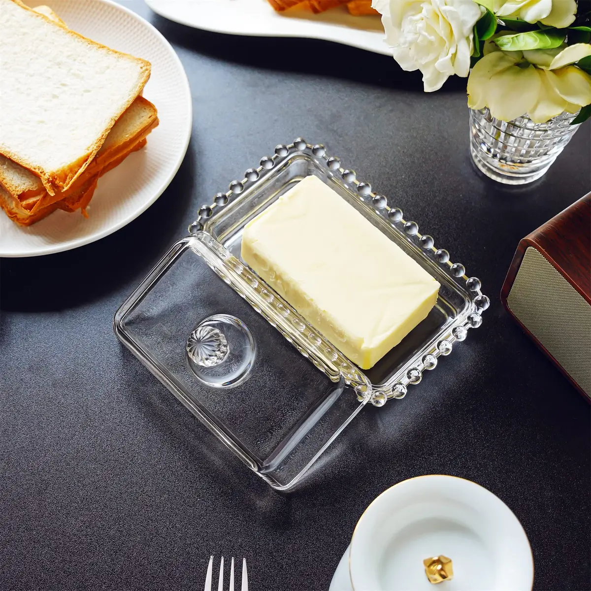 QFkris 6.5'' Clear Glass Butter Dish with Handled Lid | Microwave & Dishwasher Safe - view 7