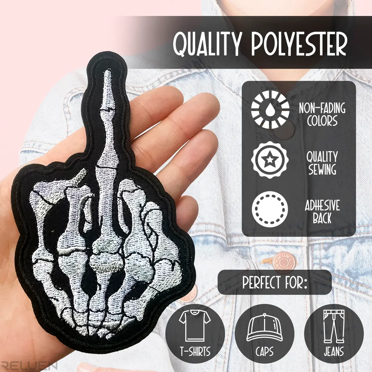 Reluen Skeleton Middle Finger Iron On Patch 12.7cm x 5cm (5" x 2") | Gothic Halloween Costume Embellishment - view 3