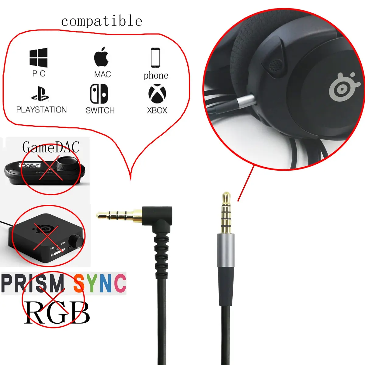 NewFantasia Replacement Audio Cable 3.5mm 5 Pole Male Cord | Compatible with SteelSeries Arctis Nova Headsets - view 6