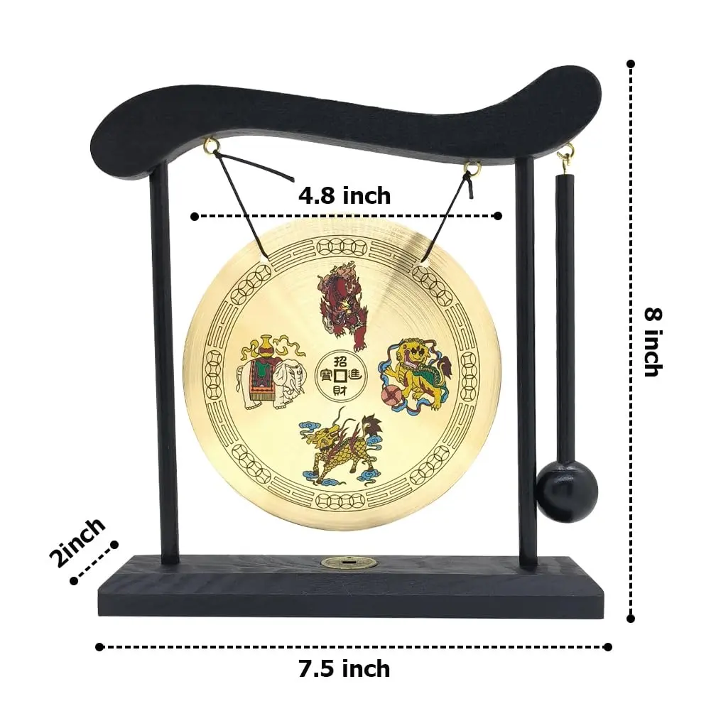 Hooshing Brass Gong Desktop Zen Art with Four Divine Beasts | 19cm (7.5in) Diameter - view 2
