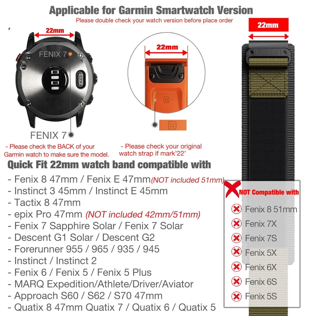 Abanen Rugged Nylon Quick Fit 22mm Watch Bands for Garmin Fenix 8 47mm / Fenix 7/6/5 / epix Pro 47mm | Adjustable Ballistic Nylon Strap - view 2