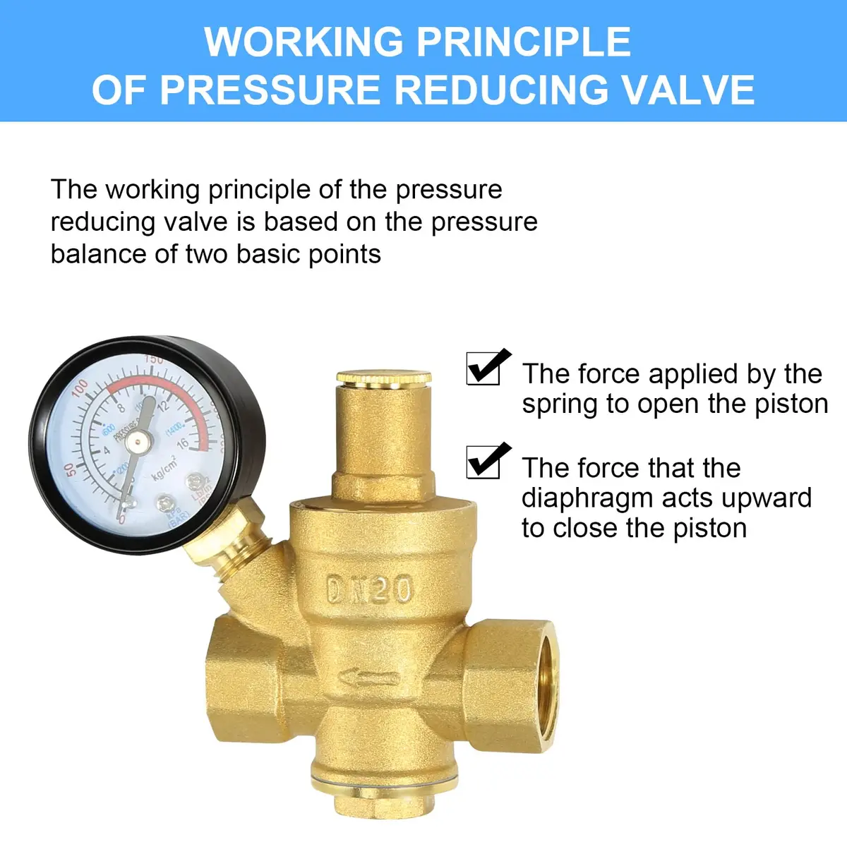 FASBET Brass Water Pressure Regulator 3/4 inch (DN20) with Gauge | Adjustable Piston Valve for Home & Industry - view 6