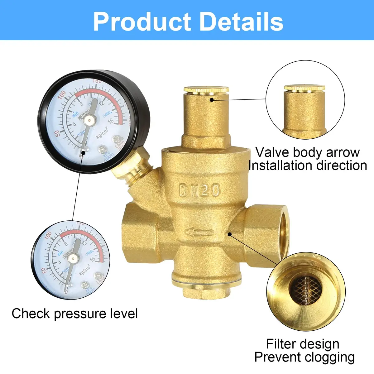 FASBET Brass Water Pressure Regulator 3/4 inch (DN20) with Gauge | Adjustable Piston Valve for Home & Industry - view 3