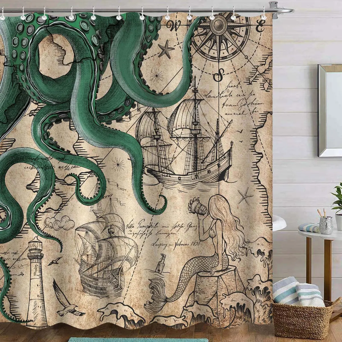 Fungarth Vintage Green Nautical Octopus Shower Curtain 72" x 72" | Waterproof Fabric with Metal Grommets - main product image