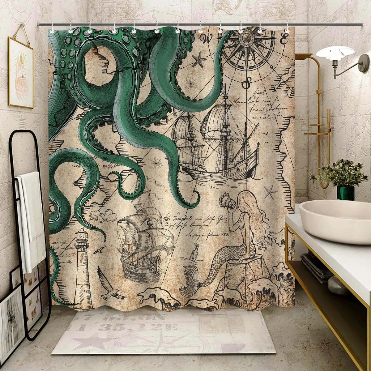 Fungarth Vintage Green Nautical Octopus Shower Curtain 72" x 72" | Waterproof Fabric with Metal Grommets - view 5