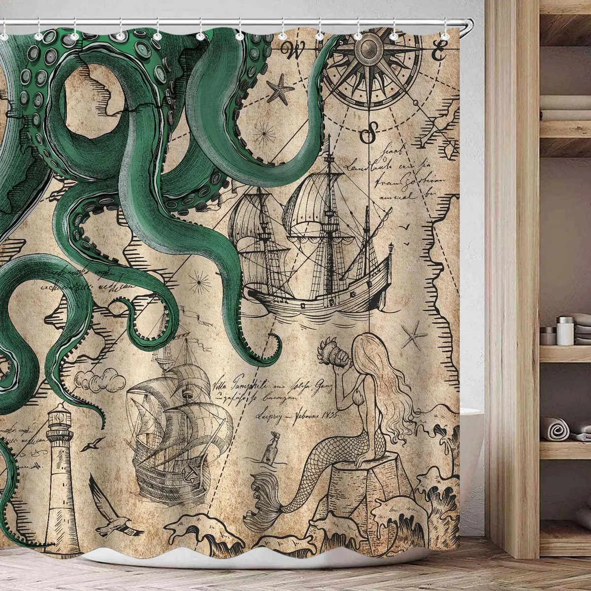 Fungarth Vintage Green Nautical Octopus Shower Curtain 72" x 72" | Waterproof Fabric with Metal Grommets - view 6