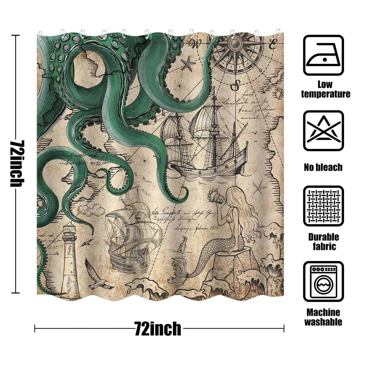 Fungarth Vintage Green Nautical Octopus Shower Curtain 72" x 72" | Waterproof Fabric with Metal Grommets - view 7